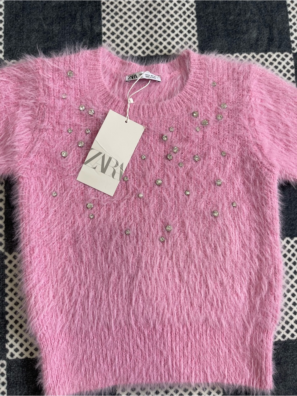 Zara Pink Fuzzy Crewneck Sweater with Rhinestones - Picture 3 of 4